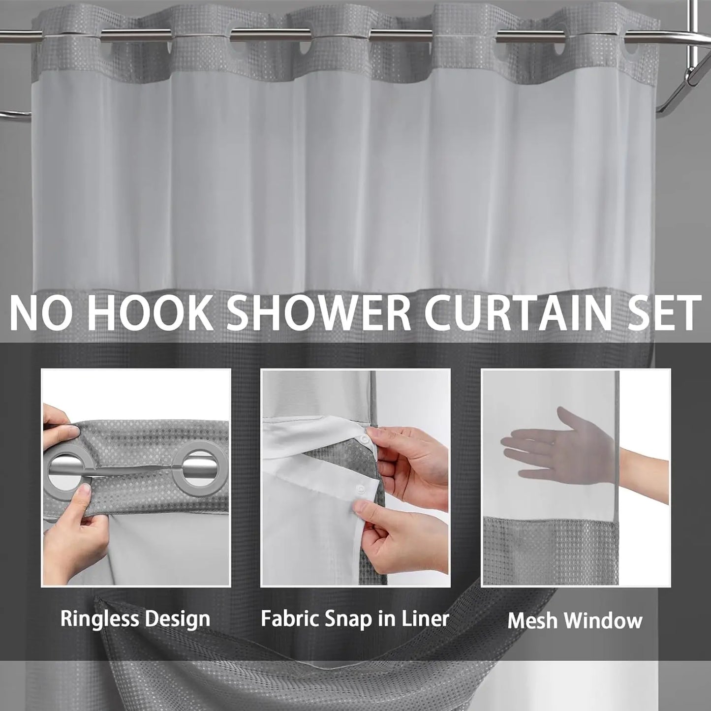 No Hook Washable Waffle Weave ShowerCurtain with Snap in Liner -Waterproof DoubleLayer Shower Curtain With WashablelnnerLiner, 72 x75 Inch Showercurtain