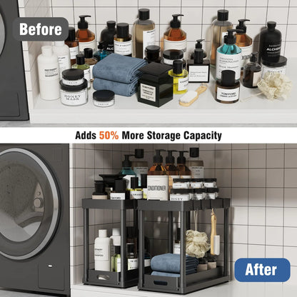 2-Pack Black Under Sink Sturdy Shelves Organizer, Plastic Multi-Purpose Anti-Slip Sliding Baskets with 8 Hooks & Durable Metal Build, Kitchen Accessories for Bathroom & Kitchen Cabinets, Drawer Storage Organizer for Organization