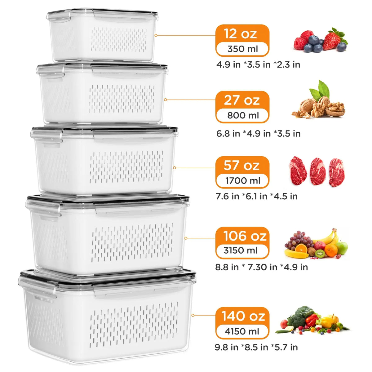5 Pack Fridge Organizers and Storage -Stackable Fruit Storage Containers for Fridgewith Removable Colander, BPA-Free FoodStorage Container for Salad Berry LettuceVegetables Meat Keeper Fresh