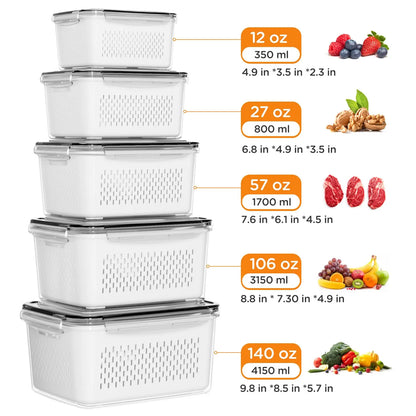 5 Pack Fridge Organizers and Storage -Stackable Fruit Storage Containers for Fridgewith Removable Colander, BPA-Free FoodStorage Container for Salad Berry LettuceVegetables Meat Keeper Fresh