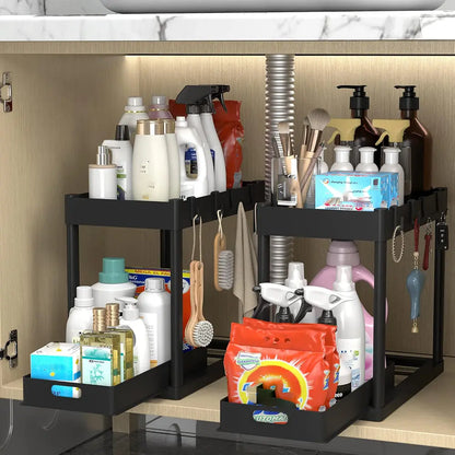 2-Pack Black Under Sink Sturdy Shelves Organizer, Plastic Multi-Purpose Anti-Slip Sliding Baskets with 8 Hooks & Durable Metal Build, Kitchen Accessories for Bathroom & Kitchen Cabinets, Drawer Storage Organizer for Organization