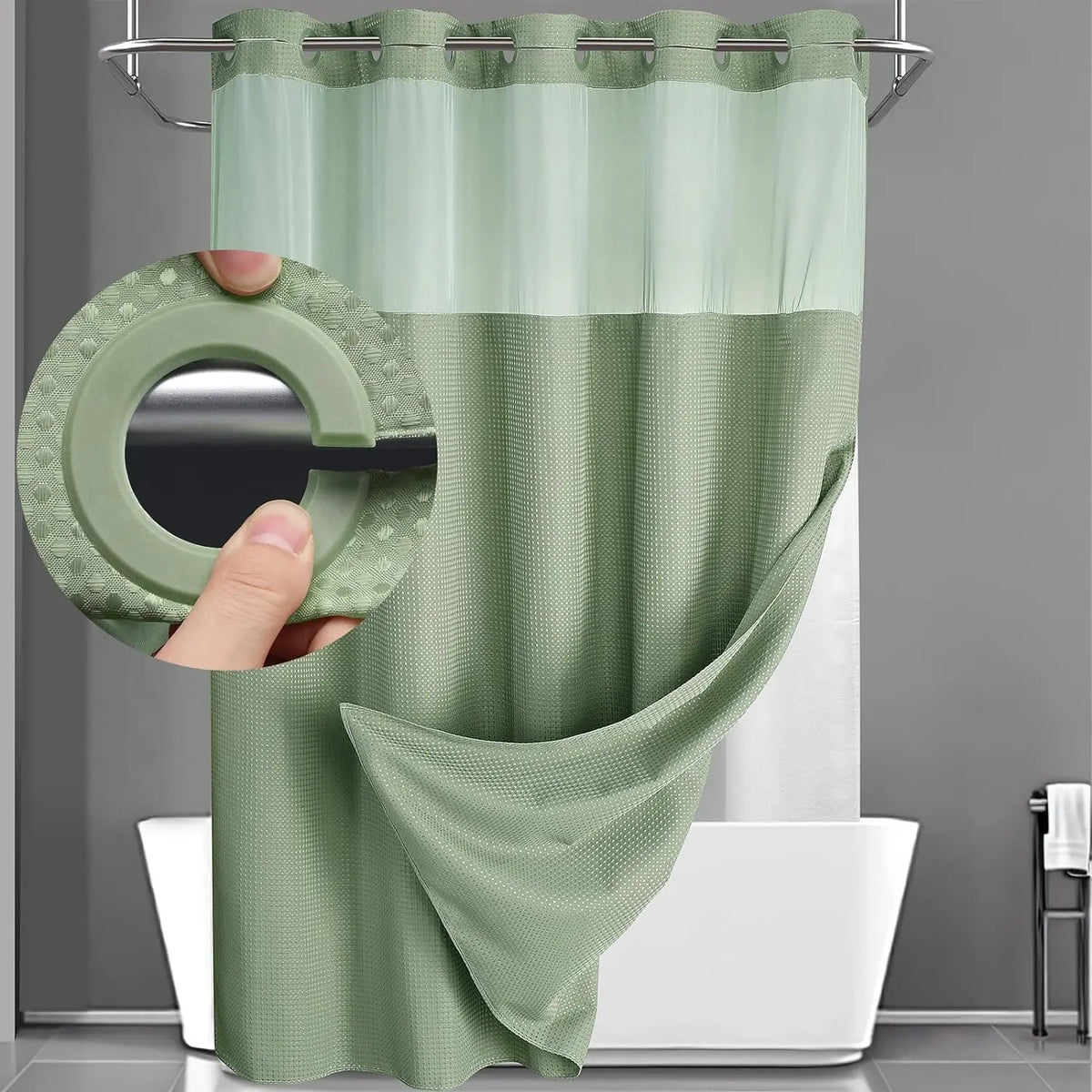 No Hook Washable Waffle Weave ShowerCurtain with Snap in Liner -Waterproof DoubleLayer Shower Curtain With WashablelnnerLiner, 72 x75 Inch Showercurtain