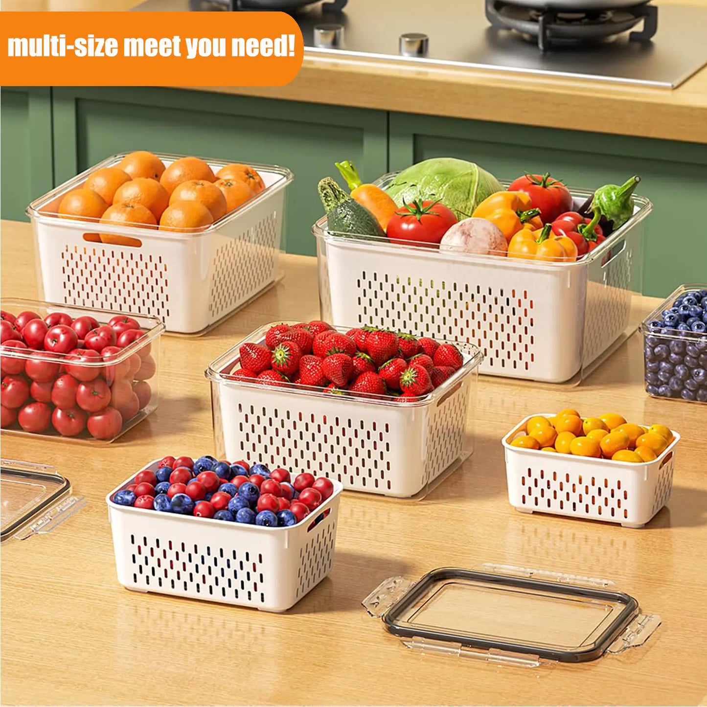 5 Pack Fridge Organizers and Storage -Stackable Fruit Storage Containers for Fridgewith Removable Colander, BPA-Free FoodStorage Container for Salad Berry LettuceVegetables Meat Keeper Fresh