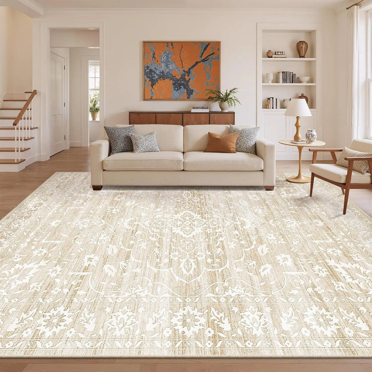 Geometric Washable Non‑Slip Area Rug, Stain Resistant Soft Rug for Home Living Room Decor