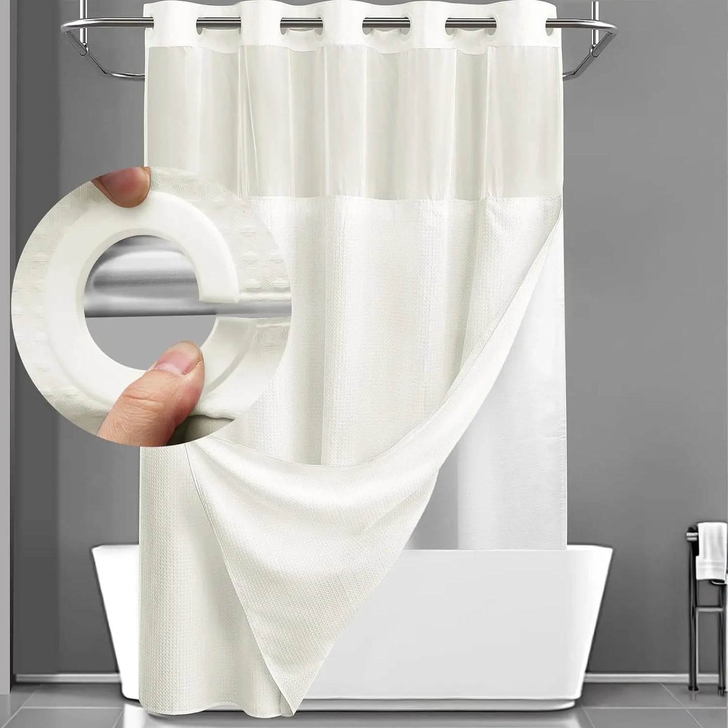 No Hook Washable Waffle Weave ShowerCurtain with Snap in Liner -Waterproof DoubleLayer Shower Curtain With WashablelnnerLiner, 72 x75 Inch Showercurtain