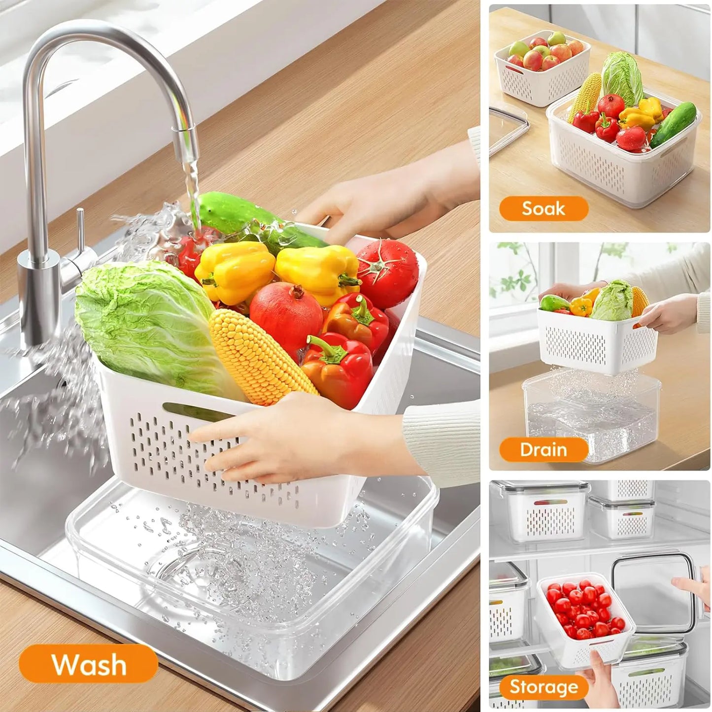 5 Pack Fridge Organizers and Storage -Stackable Fruit Storage Containers for Fridgewith Removable Colander, BPA-Free FoodStorage Container for Salad Berry LettuceVegetables Meat Keeper Fresh