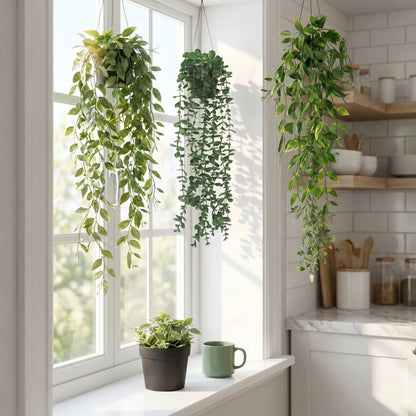 Artificial Indoor Hanging Eucalyptus Plants, 3pcs Faux Evergreen Potted Plants for Home, Bathroom, Room & Shelf Decor, Decorative Fake Plants, Artificial Plant Set, Faux Eucalyptus Greenery, Plastic Material #GLOBAL PICKS