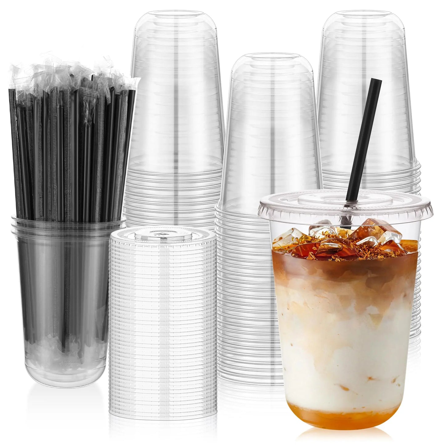 100-Pack 400ml Lightweight Transparent U-Cup Disposable Plastic Cups with Lids & BlackStraws, Round-Bottom U-Shape Drinkware forHoliday Parties, Versatile for Any Beverage