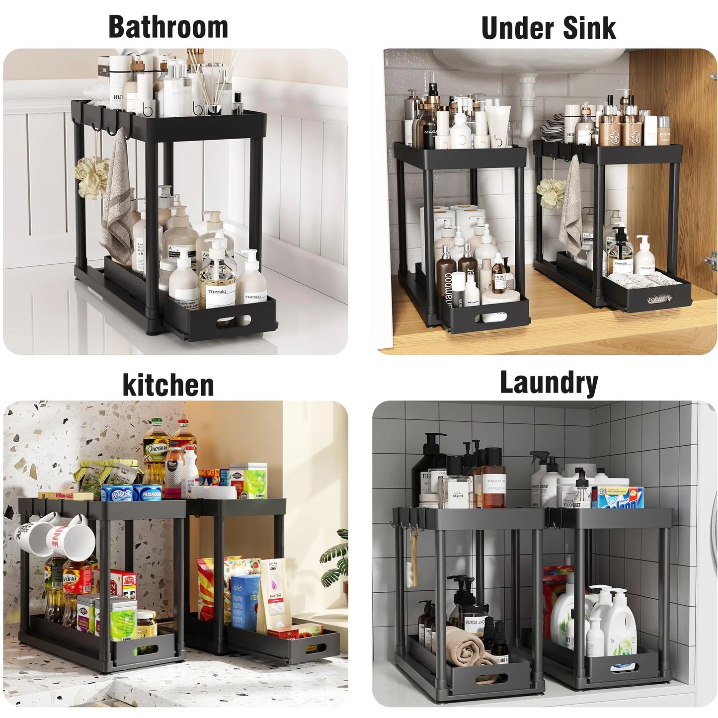 2-Pack Black Under Sink Sturdy Shelves Organizer, Plastic Multi-Purpose Anti-Slip Sliding Baskets with 8 Hooks & Durable Metal Build, Kitchen Accessories for Bathroom & Kitchen Cabinets, Drawer Storage Organizer for Organization