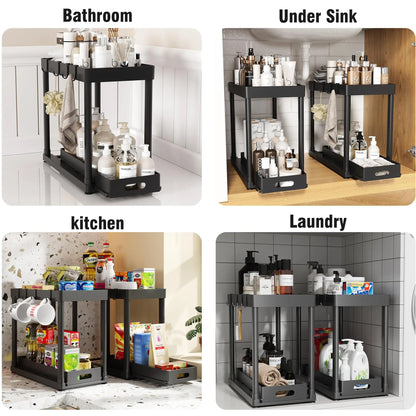 2-Pack Black Under Sink Sturdy Shelves Organizer, Plastic Multi-Purpose Anti-Slip Sliding Baskets with 8 Hooks & Durable Metal Build, Kitchen Accessories for Bathroom & Kitchen Cabinets, Drawer Storage Organizer for Organization