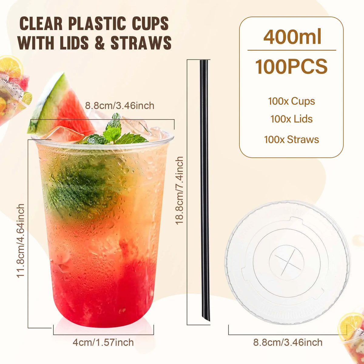 100-Pack 400ml Lightweight Transparent U-Cup Disposable Plastic Cups with Lids & BlackStraws, Round-Bottom U-Shape Drinkware forHoliday Parties, Versatile for Any Beverage