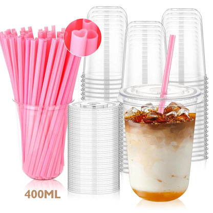 100-Pack 400ml Lightweight Transparent U-Cup Disposable Plastic Cups with Lids & BlackStraws, Round-Bottom U-Shape Drinkware forHoliday Parties, Versatile for Any Beverage