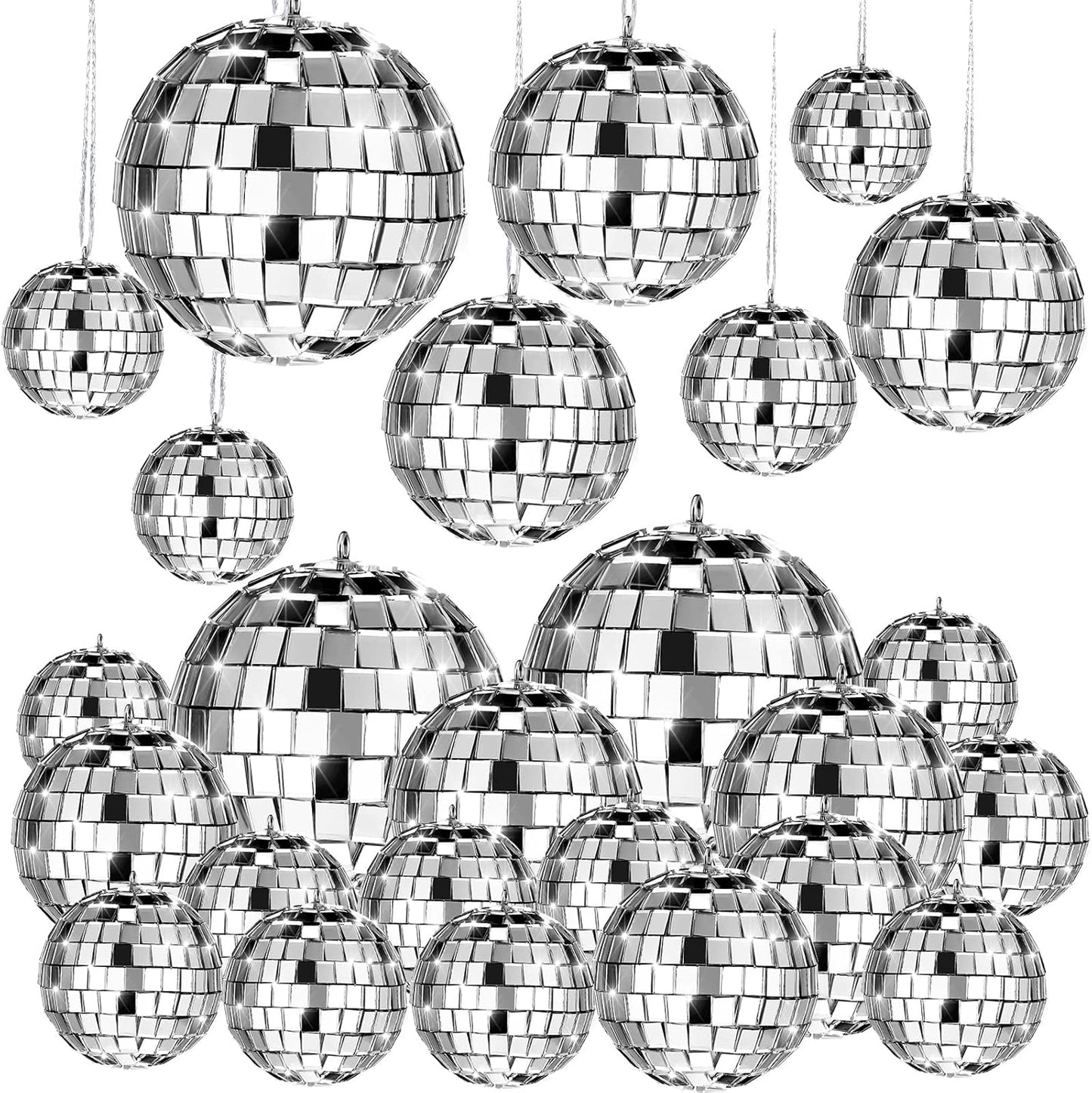 30pcs Silver Mirror Disco Ball Set – Hanging Reflective Decor for Parties, Weddings & Christmas Tree