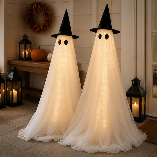 2-Pack 5Ft Halloween Spooky Lighted GhostDecor Set, Indoor Outdoor Decorative Wind-Resistant Party Decoration Set with StringLights, Waterbags & Hats for Porch Yard,Lighted Party