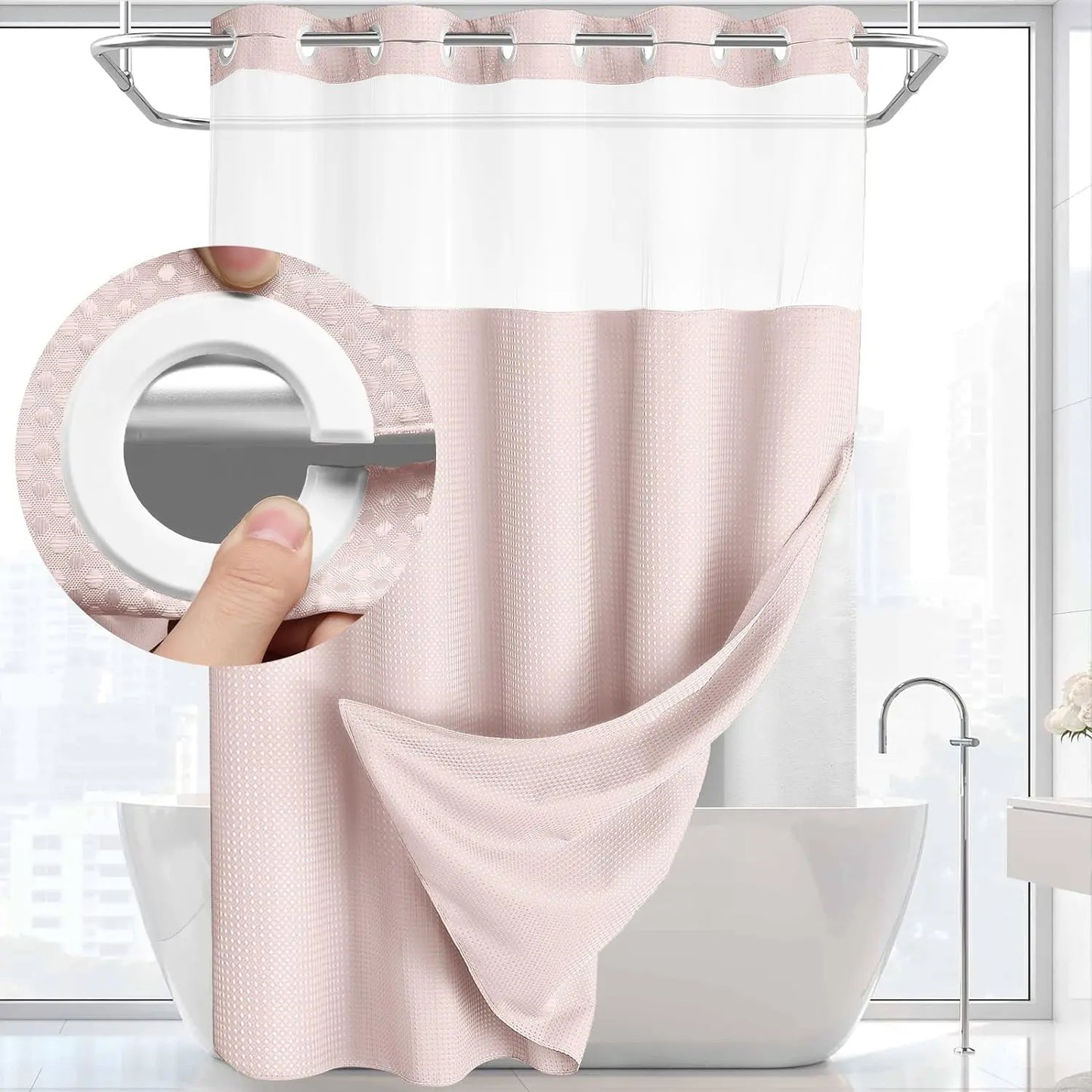 No Hook Washable Waffle Weave ShowerCurtain with Snap in Liner -Waterproof DoubleLayer Shower Curtain With WashablelnnerLiner, 72 x75 Inch Showercurtain