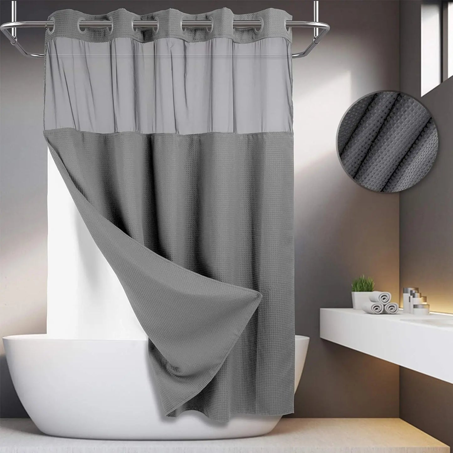 No Hook Washable Waffle Weave ShowerCurtain with Snap in Liner -Waterproof DoubleLayer Shower Curtain With WashablelnnerLiner, 72 x75 Inch Showercurtain