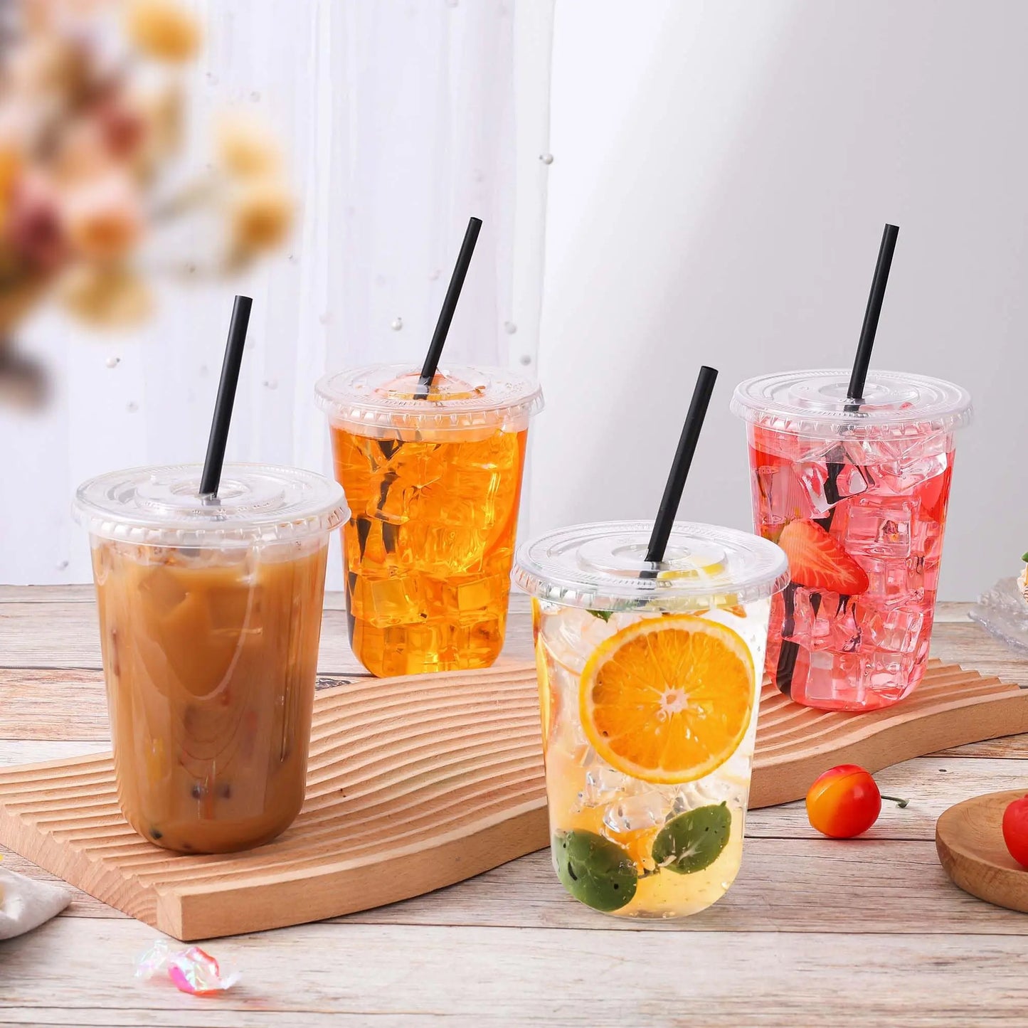 100-Pack 400ml Lightweight Transparent U-Cup Disposable Plastic Cups with Lids & BlackStraws, Round-Bottom U-Shape Drinkware forHoliday Parties, Versatile for Any Beverage