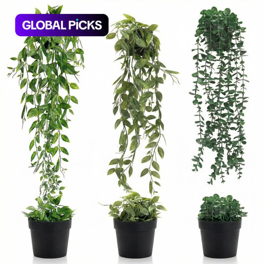 Artificial Indoor Hanging Eucalyptus Plants, 3pcs Faux Evergreen Potted Plants for Home, Bathroom, Room & Shelf Decor, Decorative Fake Plants, Artificial Plant Set, Faux Eucalyptus Greenery, Plastic Material #GLOBAL PICKS