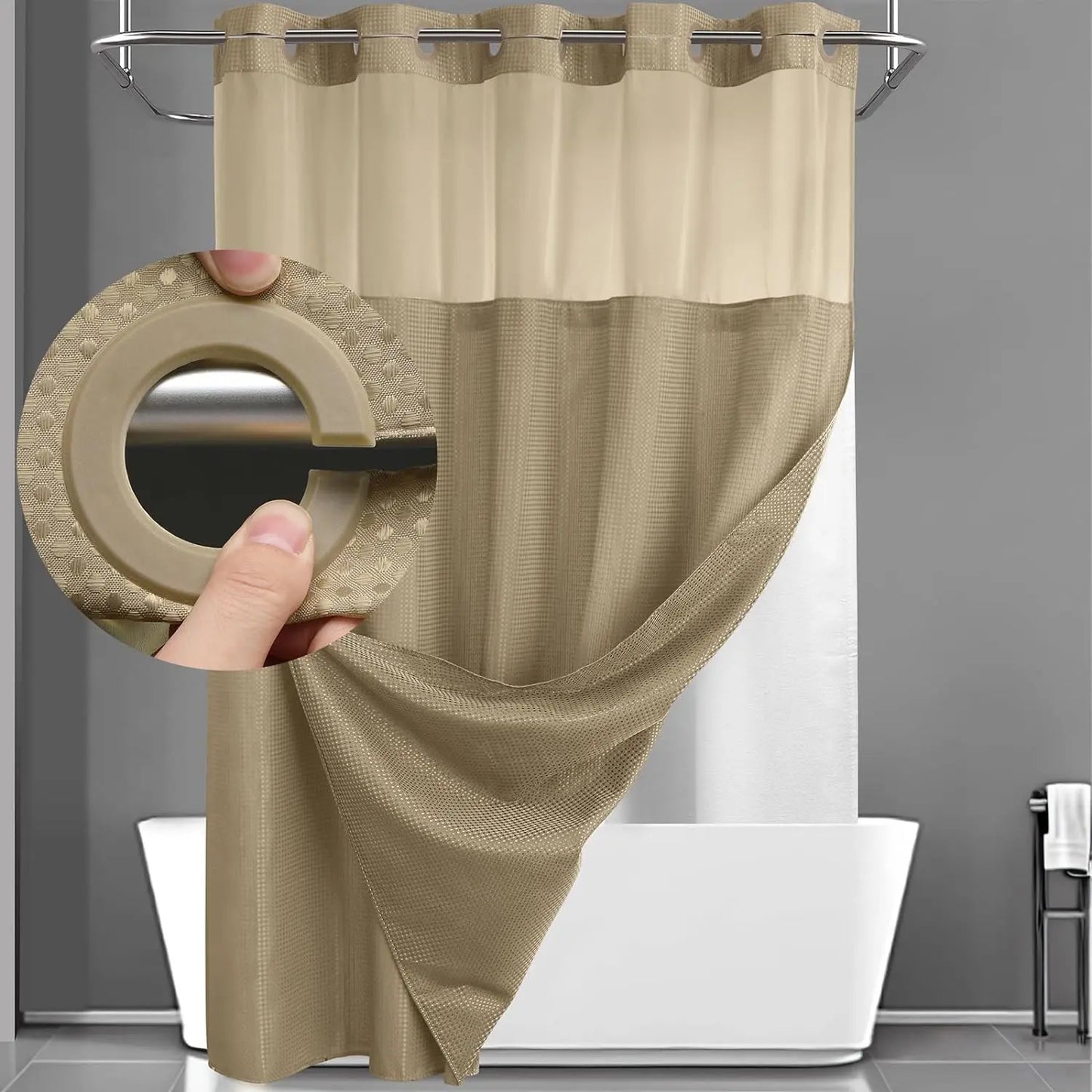 No Hook Washable Waffle Weave ShowerCurtain with Snap in Liner -Waterproof DoubleLayer Shower Curtain With WashablelnnerLiner, 72 x75 Inch Showercurtain