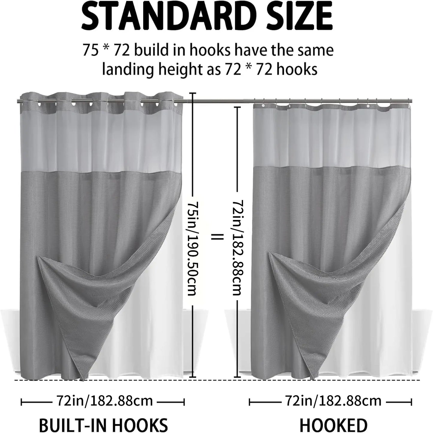 No Hook Washable Waffle Weave ShowerCurtain with Snap in Liner -Waterproof DoubleLayer Shower Curtain With WashablelnnerLiner, 72 x75 Inch Showercurtain