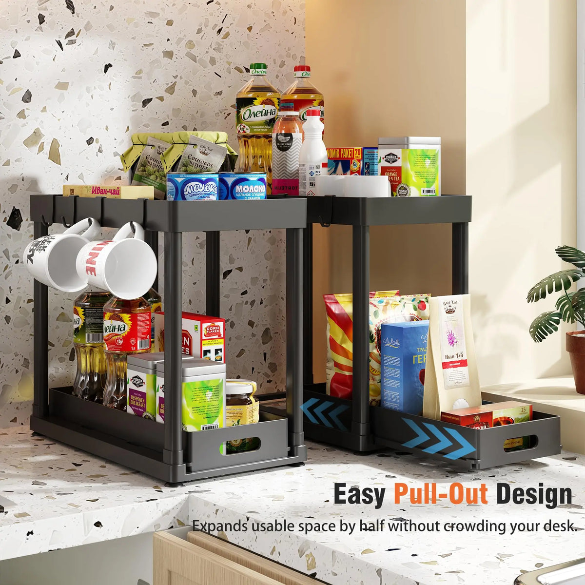 2-Pack Black Under Sink Sturdy Shelves Organizer, Plastic Multi-Purpose Anti-Slip Sliding Baskets with 8 Hooks & Durable Metal Build, Kitchen Accessories for Bathroom & Kitchen Cabinets, Drawer Storage Organizer for Organization