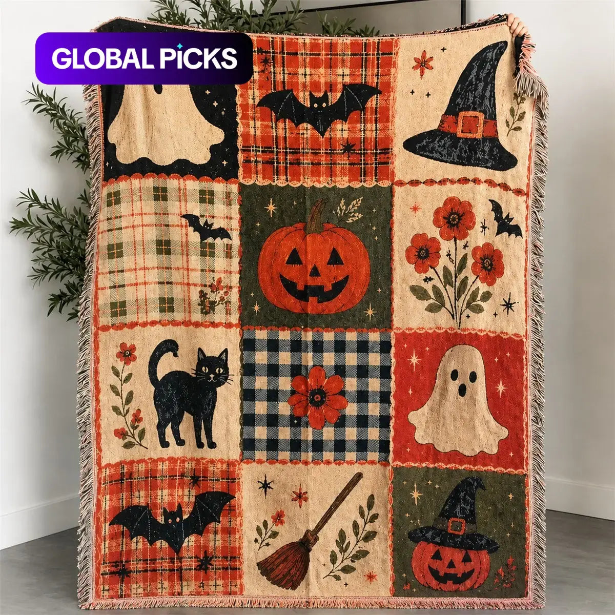 Halloween & Holiday Patchwork Tassel Blanket for Home & Outdoor | Multiple Styles Available