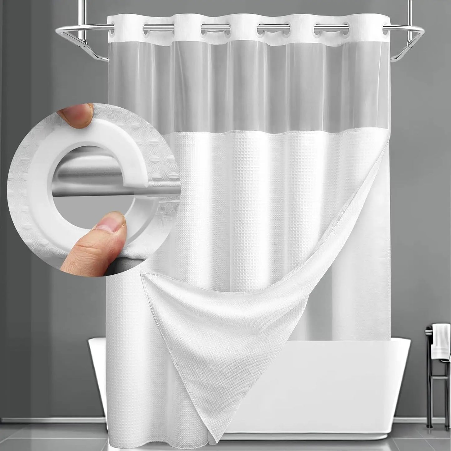 No Hook Washable Waffle Weave ShowerCurtain with Snap in Liner -Waterproof DoubleLayer Shower Curtain With WashablelnnerLiner, 72 x75 Inch Showercurtain