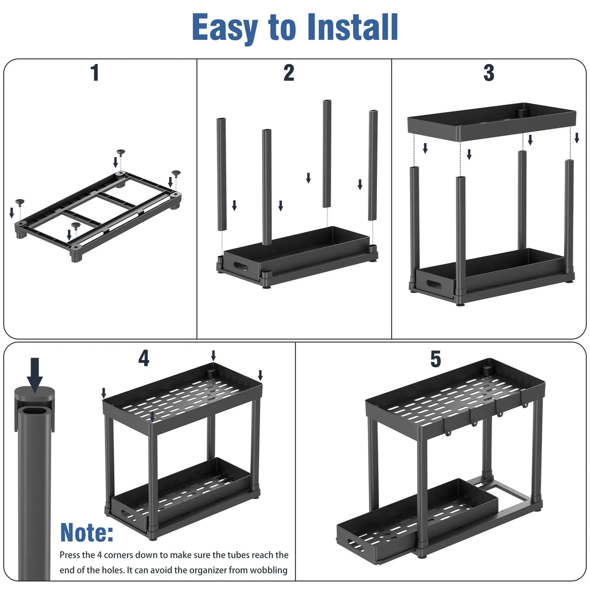 2-Pack Black Under Sink Sturdy Shelves Organizer, Plastic Multi-Purpose Anti-Slip Sliding Baskets with 8 Hooks & Durable Metal Build, Kitchen Accessories for Bathroom & Kitchen Cabinets, Drawer Storage Organizer for Organization
