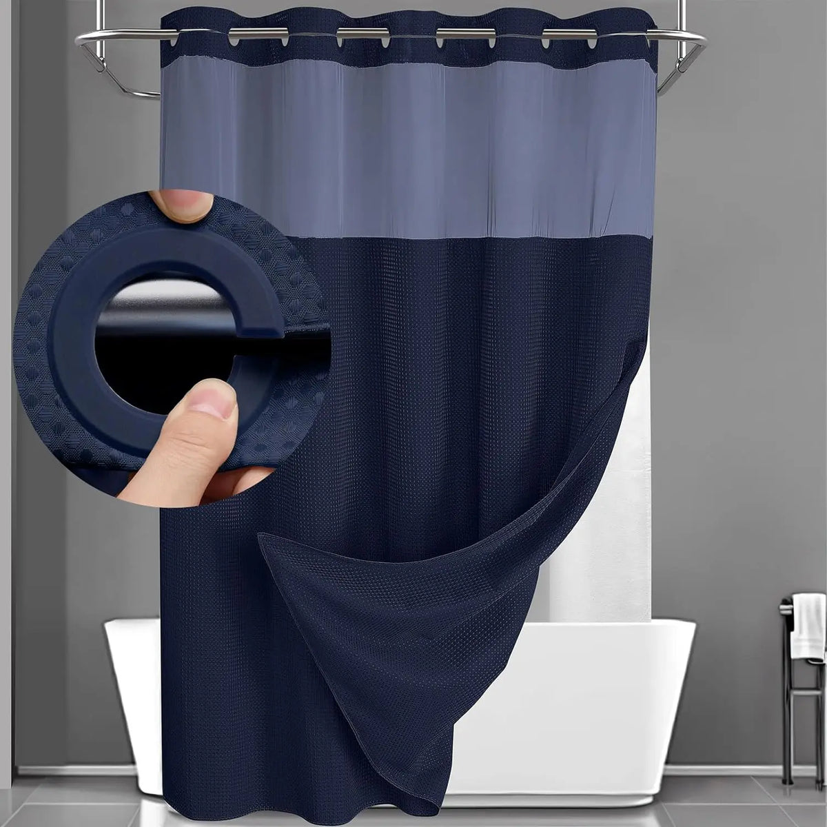 No Hook Washable Waffle Weave ShowerCurtain with Snap in Liner -Waterproof DoubleLayer Shower Curtain With WashablelnnerLiner, 72 x75 Inch Showercurtain