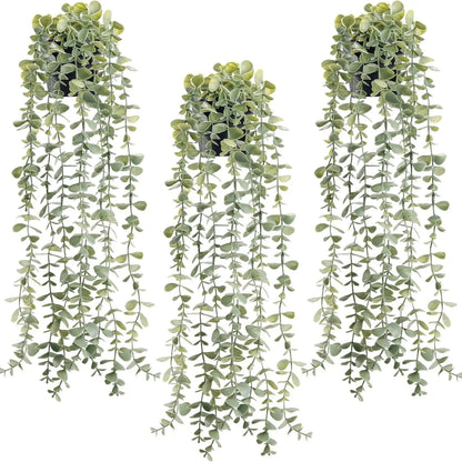 Artificial Indoor Hanging Eucalyptus Plants, 3pcs Faux Evergreen Potted Plants for Home, Bathroom, Room & Shelf Decor, Decorative Fake Plants, Artificial Plant Set, Faux Eucalyptus Greenery, Plastic Material #GLOBAL PICKS