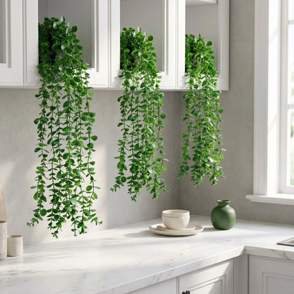 Artificial Indoor Hanging Eucalyptus Plants, 3pcs Faux Evergreen Potted Plants for Home, Bathroom, Room & Shelf Decor, Decorative Fake Plants, Artificial Plant Set, Faux Eucalyptus Greenery, Plastic Material #GLOBAL PICKS