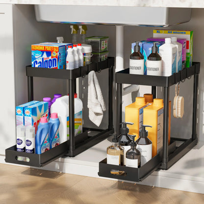 2-Pack Black Under Sink Sturdy Shelves Organizer, Plastic Multi-Purpose Anti-Slip Sliding Baskets with 8 Hooks & Durable Metal Build, Kitchen Accessories for Bathroom & Kitchen Cabinets, Drawer Storage Organizer for Organization