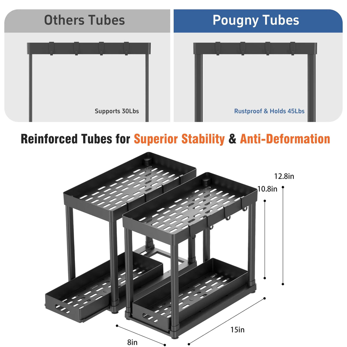 2-Pack Black Under Sink Sturdy Shelves Organizer, Plastic Multi-Purpose Anti-Slip Sliding Baskets with 8 Hooks & Durable Metal Build, Kitchen Accessories for Bathroom & Kitchen Cabinets, Drawer Storage Organizer for Organization